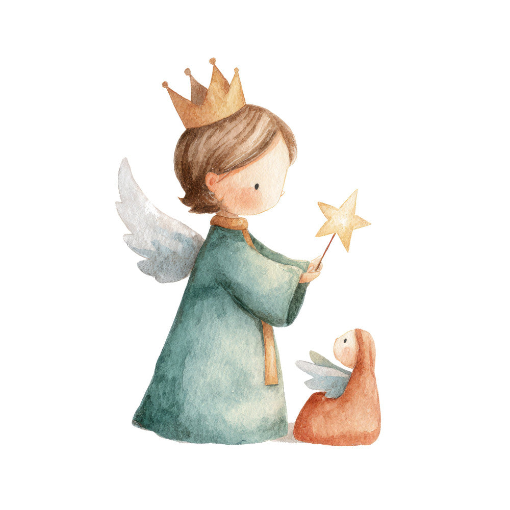 fairy tale, whimsical, crown, stars, gold star, wings, angel, magical, storybook, children's, nursery, baby, sage green, teal green, coral pink, cream, soft colors, pastel, vintage, illustration, character panel, magical creatures, fantasy, enchanted, sweet, gentle, cute, decorative