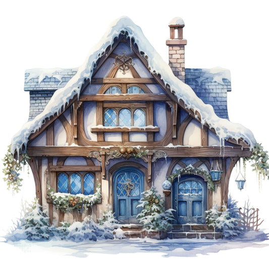 Watercolor Winter Houses Fabric Panel 21