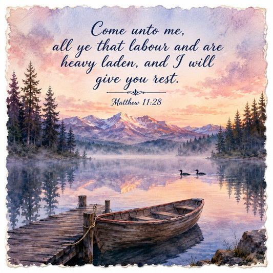 inspirational quote, mountain landscape, lake scene, misty morning, peaceful nature, rustic cabin, evergreen forest, pine trees, snow-capped peaks, spiritual, religious, matthew 11:28, rest and renewal, serenity, tranquility, soft pastels, dusty rose, lavender, blush pink, cream, navy blue, golden hour, sunrise sunset, birds, wooden dock, rowboat, vintage landscape, scenic vista, contemplative, faith-based