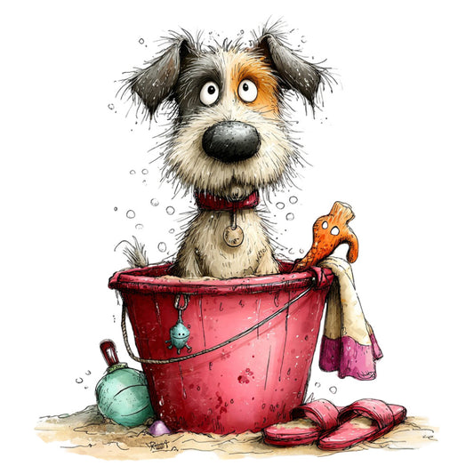 dog, puppy, bath time, bathtub, whimsical, cute, children's, kids, animals, pet, playful, red bucket, bucket, water, bubbles, cream, tan, rust orange, burgundy red, seafoam green, baby shower, nursery, fun, humorous, quirky, illustration, storybook, character panel, bathroom decor