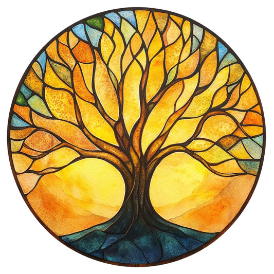 stained glass, tree of life, golden yellow, amber orange, deep teal, navy blue, sage green, warm sunset, nature, botanical, circular pattern, radial design, elegant, whimsical, modern, peaceful, zen, spiritual, autumn, fall colors, warm tones, cool tones, tree motif, roots, branches, leaves, wall hanging, home decor, art quilt, decorative panel