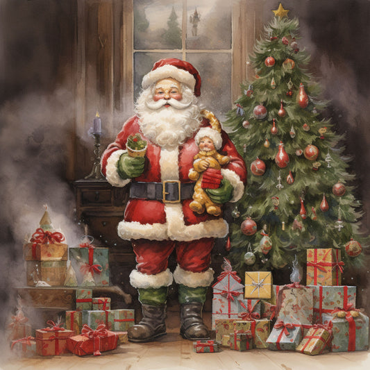 santa claus, christmas tree, fabric panel, red suit, white beard, gift boxes, ornaments, teddy bear, candlelit window, golden star, wrapped presents, holiday scene, quilting cotton, festive decorations, warm lighting, vintage style, christmas morning, pine tree, colorful baubles, cozy interior