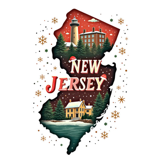 Christmas US States Fabric Panel 21 featuring New Jersey with lighthouse, houses, trees, and snowflakes, premium quilting cotton design.