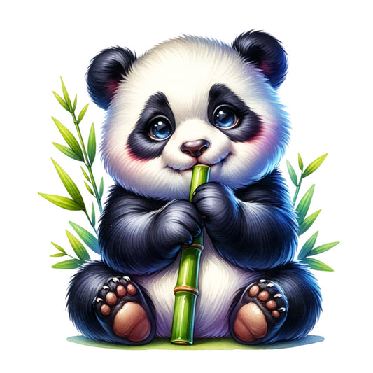 cute panda, baby panda, bamboo, green leaves, black and white, blue eyes, sitting pose, watercolor style, whimsical art, fabric panel, quilting cotton, nursery theme, animal design, soft pastels, children's fabric, adorable character, nature elements, kawaii style, craft panel