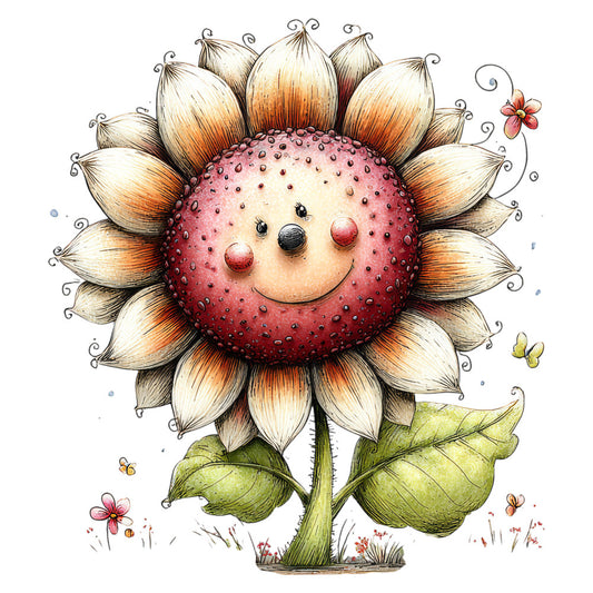 whimsical, floral, smiling face, anthropomorphic, nature, spring, summer, strawberry red, cream, butter yellow, sage green, rust orange, cheerful, playful, butterflies, flowers, cute, children's, baby, folk art, illustration style, vintage inspired, garden theme, pastoral, innocent, charming, nature lover, botanical, decorative panel, wall hanging