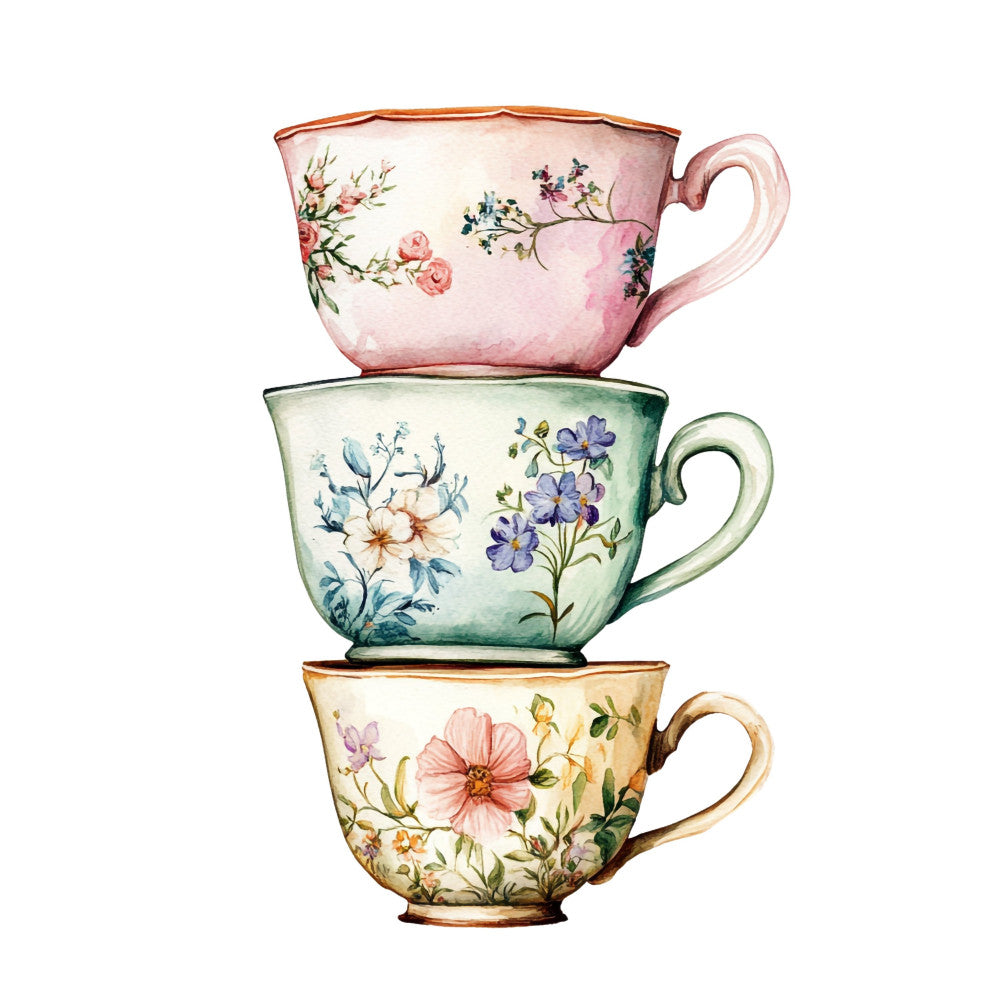 teacup, stacked teacups, vintage teacups, floral, pink roses, purple flowers, wildflowers, botanical, garden flowers, pastel pink, sage green, cream, soft colors, delicate, elegant, vintage style, traditional, whimsical, spring, cottage core, shabby chic, english garden, afternoon tea, tea time, nature inspired, flower motifs, mixed florals, watercolor style