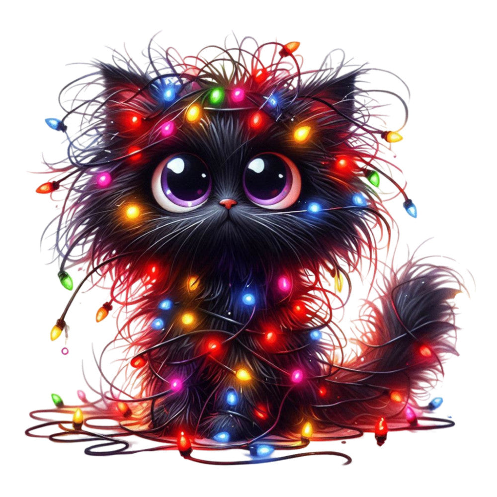 black cat, purple eyes, christmas lights, holiday, festive, whimsical, colorful lights, red lights, blue lights, yellow lights, green lights, pink lights, magical, cute animals, cat lovers, winter, christmas, string lights, glowing, illuminated, dark colors, jewel tones, multicolor, playful, charming, pet themed, quirky, fun, modern whimsical