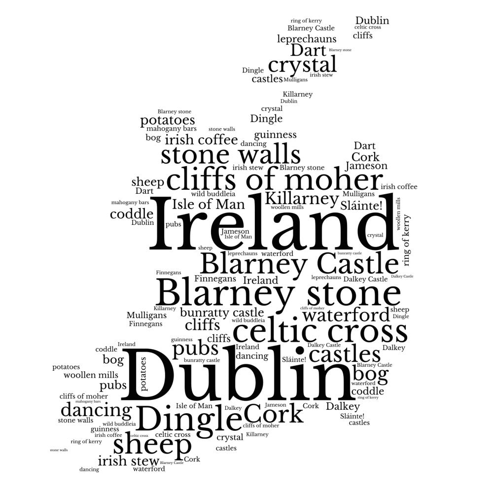 black and white, word cloud, typography, ireland, irish culture, travel, destinations, castle, dublin, cork, waterford, cultural, text design, modern, literary, geographic, wanderlust, educational, map design, black text, white background, high contrast, graphic art, european, celtic, sláinte, guinness, whiskey, dancing, stone walls