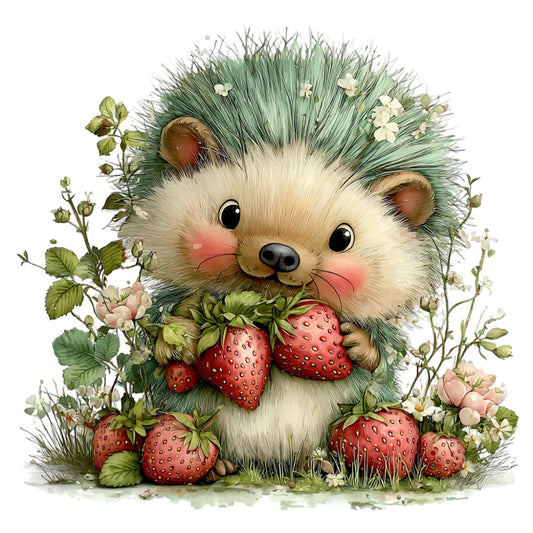 cute hedgehog, strawberry, cream white, sage green, forest green, ivory, coral pink, rosy cheeks, floral, nature, woodland animals, whimsical, charming, adorable, baby, children, spring, summer, garden theme, botanical, wildflowers, sweet, playful, nursery, baby quilt, wall hanging, illustration art, storybook style, soft colors, pastel