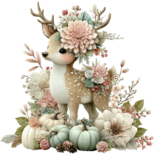 floral, deer, woodland, autumn, fall, nature, animals, whimsical, rustic, elegant, vintage, farmhouse, cottage core, blush pink, dusty rose, cream, ivory, sage green, soft green, tan, brown, pumpkin, dahlia, roses, peonies, seasonal, harvest, botanical, wall hanging, home decor