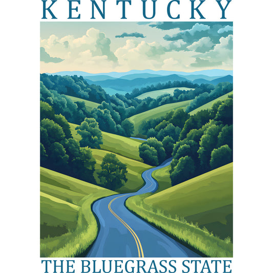 kentucky, bluegrass state, rolling hills, winding road, blue asphalt, yellow centerline, green meadows, lush forests, mountain ranges, cloudy sky, pastoral landscape, scenic countryside, fabric panel, quilting cotton, travel theme, state pride, nature scene, serene mood, illustrated art style, outdoor adventure