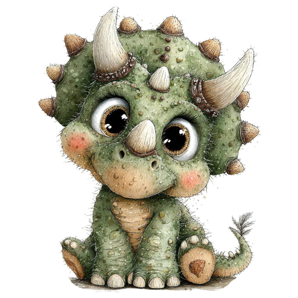 sage green, tan, cream, brown, coral pink, whimsical, cute animals, dinosaur, triceratops, character design, children's, playful, illustrated, fantasy creatures, shell horns, textured, nature-inspired, kids fabric, nursery, baby, adorable, friendly monsters, magical, storybook, decorative, wall art, throw pillow, apparel, quirky, charming