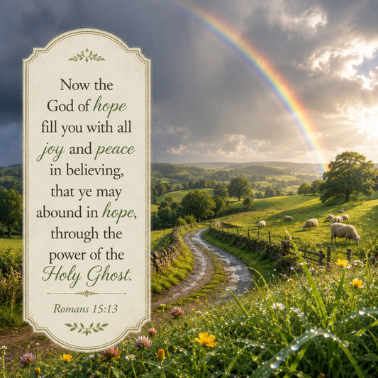 inspirational quote, religious scripture, romans 15:13, hope, joy, peace, pastoral landscape, rolling hills, countryside, farmhouse, sheep, grazing animals, wildflowers, yellow flowers, pink flowers, meadow, rural scene, rainbow, cloudy sky, wooden fence, dirt road, spring, summer, nature, landscape, peaceful, serene, elegant, traditional, soft green