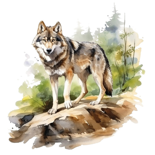 wolf, watercolor, forest, nature, wildlife, brown, gray, green, beige, earth tones, realistic animal, woodland scene, rocks, trees, evergreen, fabric panel, quilting cotton, outdoors, wilderness, standing wolf