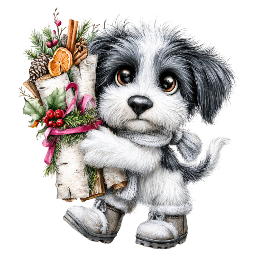 black and white puppy, dog, cute animals, holiday, christmas, festive, winter, seasonal, whimsical, charming, children's, baby, boots, sweater, scarf, evergreen, pine cones, berries, cranberry red, warm white, cream, gray, rust orange, citrus, cinnamon sticks, ribbon, gift giving, festive animals, character panel, nursery