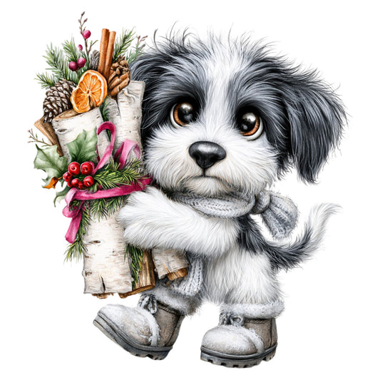 black and white puppy, dog, cute animals, holiday, christmas, festive, winter, seasonal, whimsical, charming, children's, baby, boots, sweater, scarf, evergreen, pine cones, berries, cranberry red, warm white, cream, gray, rust orange, citrus, cinnamon sticks, ribbon, gift giving, festive animals, character panel, nursery