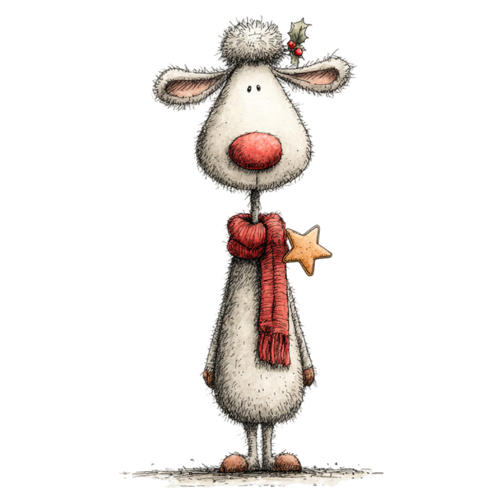 reindeer, rudolph, red nose, christmas, holiday, whimsical, cute, charming, cream, beige, red, gold, festive, winter, decoration, children's, playful, folk art, rustic, scarf, stars, holly, joy, decorative panel, nursery, greeting card, illustration style, hand drawn, vintage christmas, country