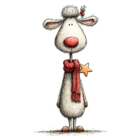 reindeer, rudolph, red nose, christmas, holiday, whimsical, cute, charming, cream, beige, red, gold, festive, winter, decoration, children's, playful, folk art, rustic, scarf, stars, holly, joy, decorative panel, nursery, greeting card, illustration style, hand drawn, vintage christmas, country