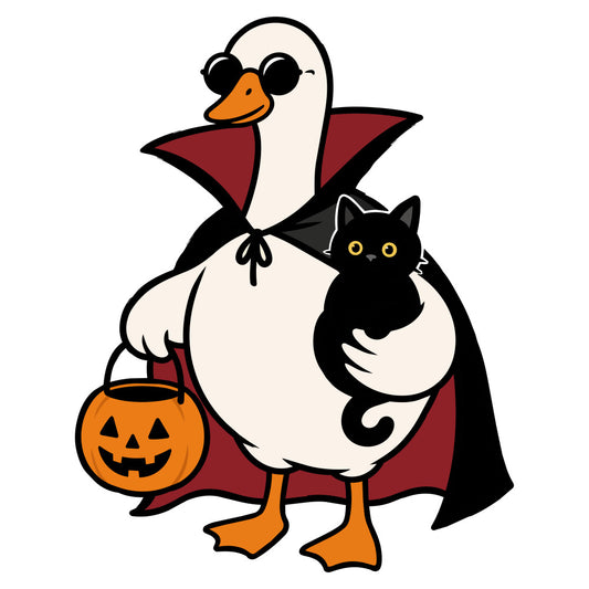halloween, vampire duck, black cat, orange pumpkin, burgundy red, cream white, black, orange, spooky, costume, cape, glasses, pumpkin bucket, trick or treat, autumn, fall, holiday, whimsical, playful, cute animals, birds, festive, dark humor, funny, children's, kid-friendly, seasonal decor, haunted, costume party