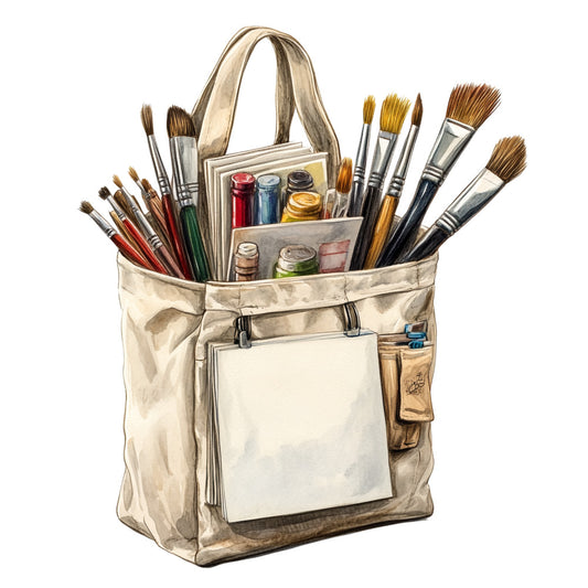 fabric panel, artist supplies, art bag, paintbrushes, paint tubes, watercolor illustration, beige tote bag, canvas bag, art materials, colorful paints, red paint, blue paint, yellow paint, green paint, brown brushes, quilting cotton, craft themed, artistic design, neutral background, detailed illustration