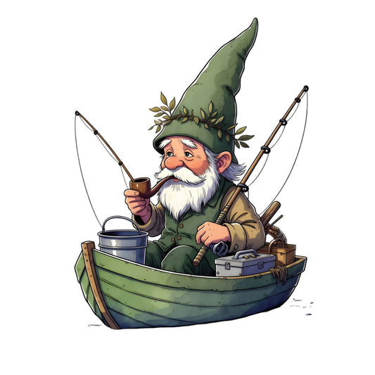 garden gnome, fishing gnome, whimsical, forest green, sage green, navy blue, tan, brown, vintage, nautical, fishing, boat, gnome, bearded character, nature, rustic, storybook, whimsy, fairy tale, outdoor adventure, pipe smoking, fishing rod, bucket, tackle box, leaf crown, enchanted, magical, children's, storybook illustration, garden theme