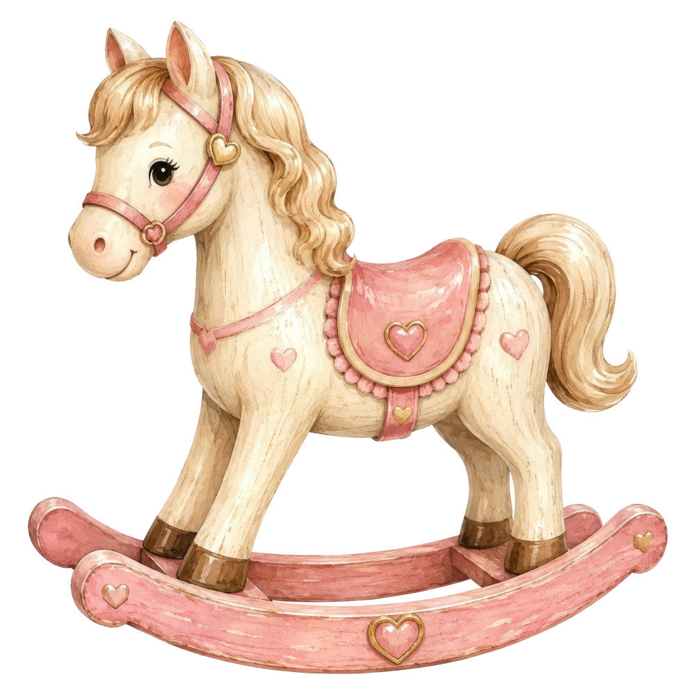 cream, pale pink, dusty rose, coral pink, gold accents, rocking horse, vintage toy, nursery, children's, baby, whimsical, sweet, cute, decorative saddle, heart motifs, hearts, bow, ribbon, elegant, traditional, classic, nostalgic, retro, charming, soft, delicate, young girl, feminine, pastel, baby girl