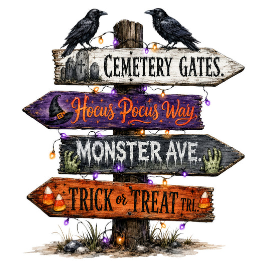 halloween, autumn, fall, witches, spooky, gothic, dark, black crows, ravens, purple, orange, white, gray, directional sign, street signs, cemetery, monster, trick or treat, hocus pocus, whimsical, rustic, vintage, holiday, seasonal, witchy, magical, haunted, creepy, festive, novelty
