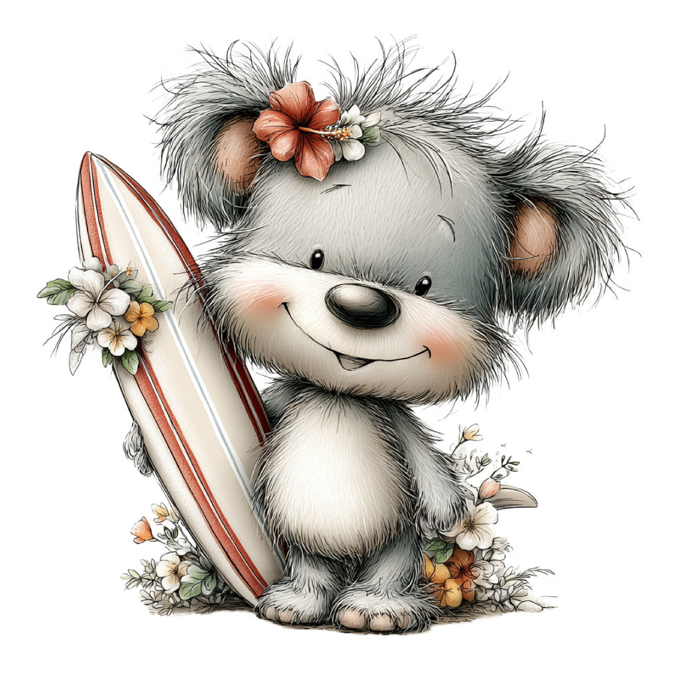 whimsical, cute animals, puppy, dog, surfboard, flowers, floral, coral pink, soft gray, cream, white, black, nature, beach theme, summer, spring, children's, baby, playful, sweet, adorable, illustration, watercolor style, botanical, small flowers, daisy, feminine, girls, coastal, surf
