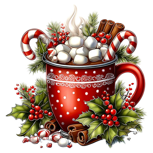 hot chocolate, marshmallows, candy canes, cinnamon sticks, holly berries, pine needles, red and white, cream, christmas, holiday, winter, festive, whimsical, traditional, cozy, warm, beverage, hot cocoa, seasonal, peppermint, spiced, decorative mug, festive mug, holly leaves, evergreen, polka dots, red polka dot, dimensional, illustrated, vintage holiday