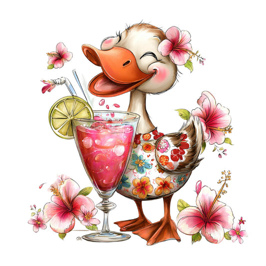 whimsical duck, coral pink, cream, floral print, animals, botanical, hibiscus flowers, spring, summer, cocktail theme, beverage, citrus, lemon, tropical, cheerful, playful, folk art, vintage style, nature inspired, garden flowers, pink flowers, decorative, charming, children's fabric, novelty print, illustration style, happy print, colorful, retro