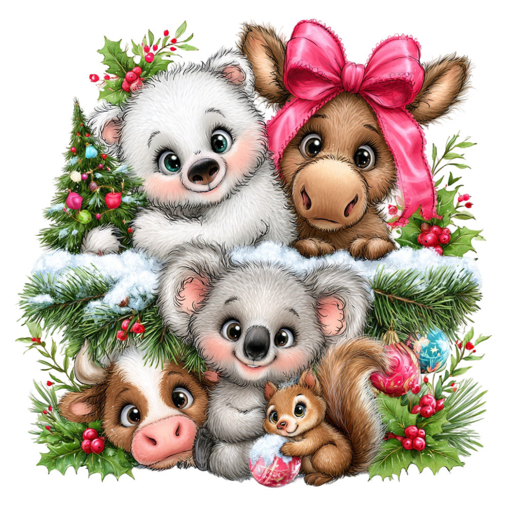 christmas, holiday, festive, woodland animals, cute animals, baby animals, polar bear, koala, cow, squirrel, whimsical, playful, children's, nursery, hot pink, bright pink, cream white, forest green, red berries, holly, pine branches, snowy, winter, bow, ribbon, nature, farmyard, gentle, sweet, decorative