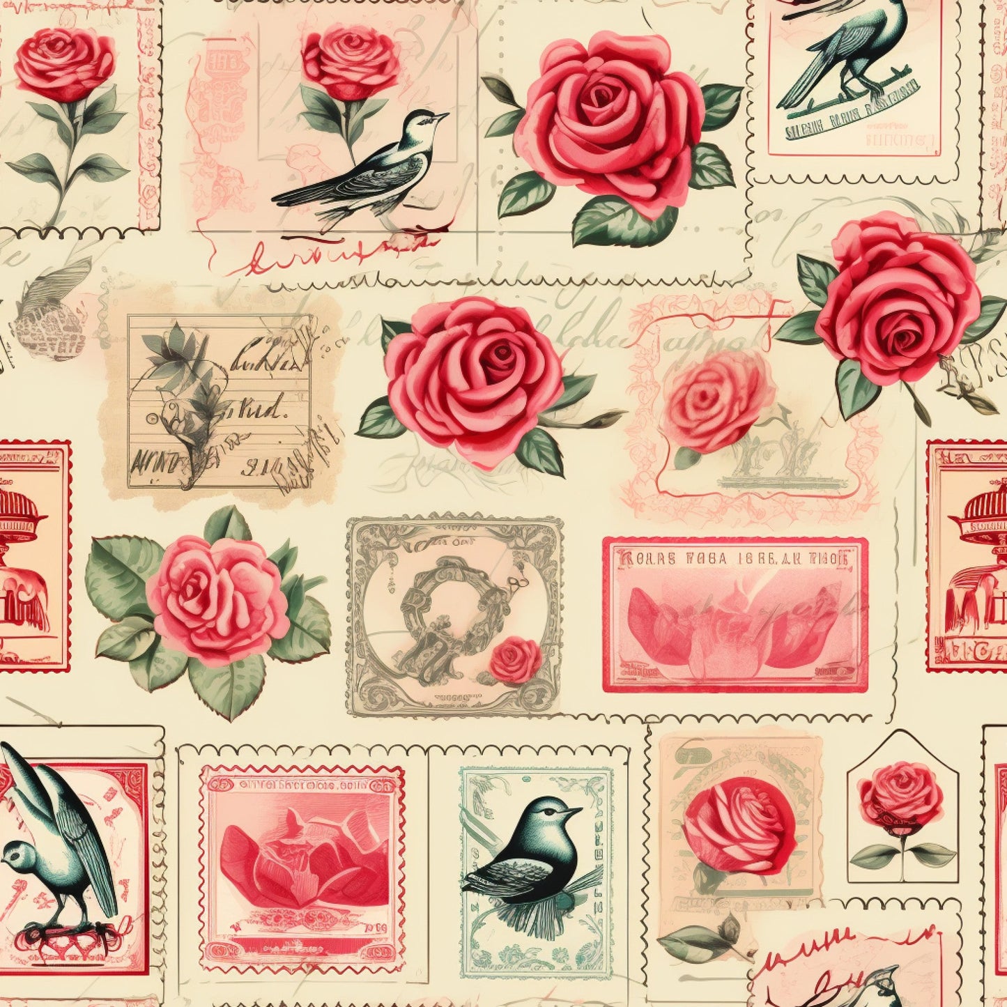 Vintage Love Stamps Pattern 2 Quilting Cotton Fabric