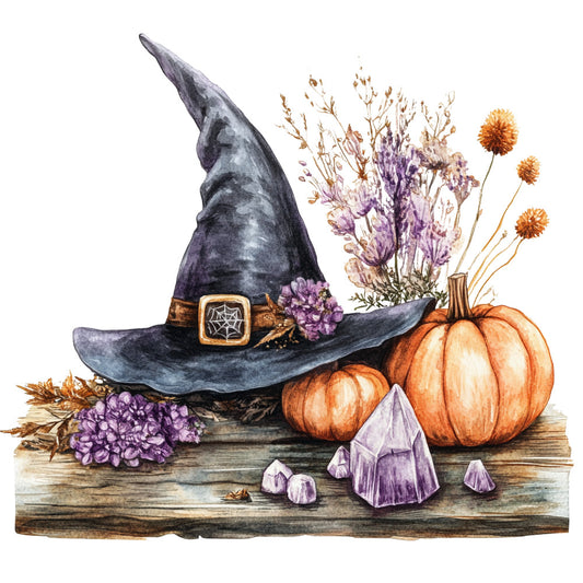 watercolor, witch hat, pumpkins, purple crystals, amethyst, orange, lavender, autumn flowers, dried botanicals, wooden surface, halloween, witchcraft, magical, mystical, fabric panel, quilting cotton, seasonal, fall theme, spiderweb buckle, rustic wood