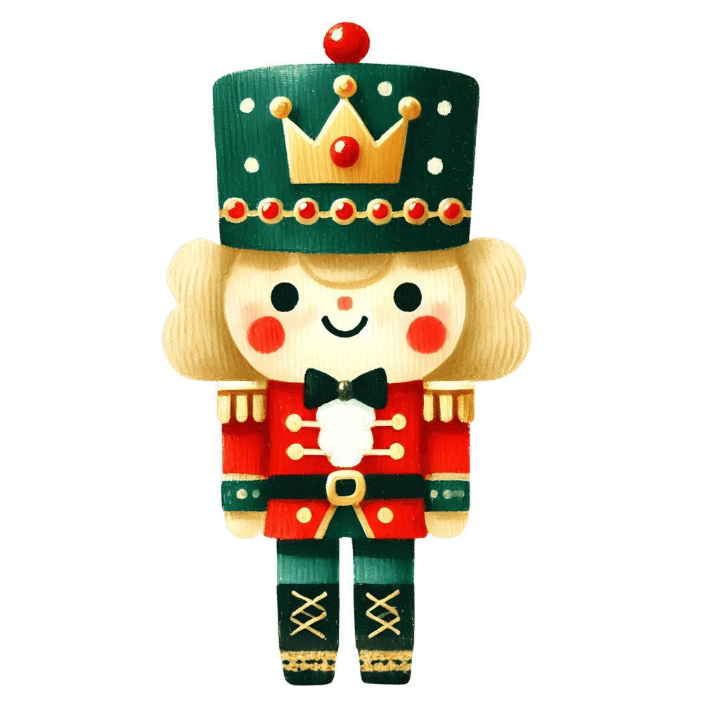 nutcracker, toy soldier, holiday, christmas, festive, red, forest green, cream, gold, yellow, whimsical, vintage, traditional, decorative, character, nutcracker soldier, royal crown, jeweled crown, bow tie, red jacket, green hat, blonde hair, cheerful, nostalgic, children's, seasonal, winter, toy theme, marching band, military style