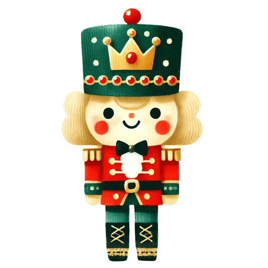 nutcracker, toy soldier, holiday, christmas, festive, red, forest green, cream, gold, yellow, whimsical, vintage, traditional, decorative, character, nutcracker soldier, royal crown, jeweled crown, bow tie, red jacket, green hat, blonde hair, cheerful, nostalgic, children's, seasonal, winter, toy theme, marching band, military style