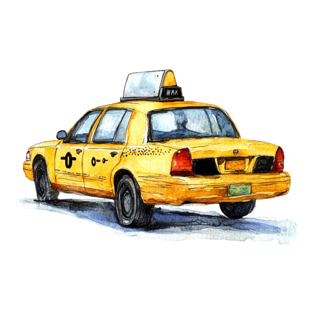 yellow taxi, bright yellow, black accents, red tail lights, watercolor style, whimsical, urban transportation, nyc taxi, city cab, vintage taxi, retro style, children's illustration, cute animals, novelty print, transportation theme, street scene, urban theme, hand painted aesthetic, watercolor art, illustrated motif, taxi cab design, new york, street taxi, yellow and black, playful style, kids fabric, whimsical illustration, modern whimsy