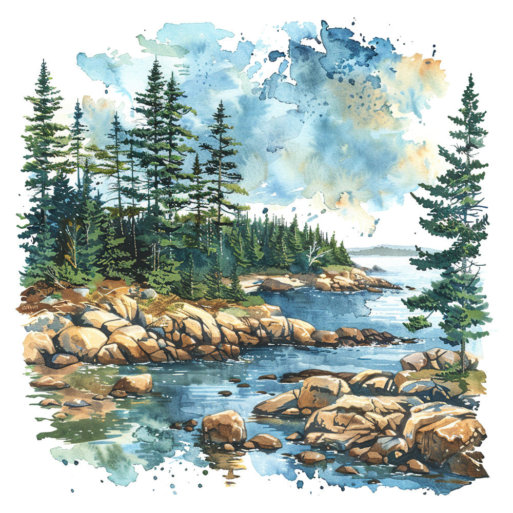 forest green, navy blue, sky blue, tan, cream, watercolor, landscape, nature, trees, lake, water, rocks, mountains, scenic, rustic, peaceful, cabin, woodland, evergreen, coniferous forest, rocky shoreline, autumn, spring, wall hanging, home decor, nature lover, coastal, tranquil, artistic