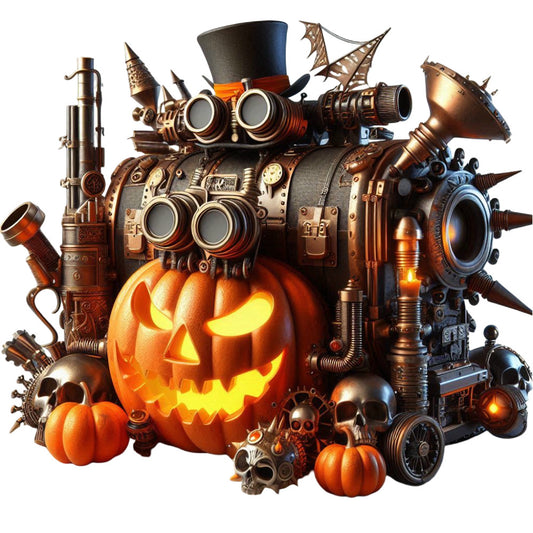 steampunk, bronze, copper, gold, orange, burnt orange, black, glowing yellow, halloween, jack-o-lantern, pumpkin, skulls, gears, mechanical, industrial, vintage, gothic, whimsical, top hat, goggles, bat wings, spooky, autumn, fall, holiday, dark fantasy, retro, decorative, wall hanging, novelty print
