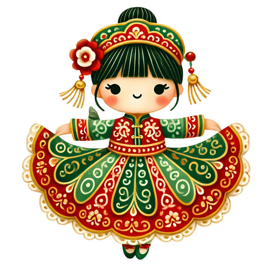 forest green, red, gold, cream, asian inspired, chinoiserie, cultural, traditional, whimsical, elegant, decorative, ornamental, floral, medallion, symmetrical, doll, figure, cultural dress, east asian, festive, holiday, chinese new year, lunar new year, intricate detail, embellished, ornate, baby, children, decorative panel, wall art