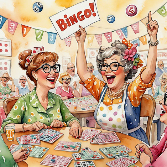 vintage bingo, retro game night, 1950s style, grandma themed, colorful bingo balls, festive celebration, coral pink, sage green, mustard yellow, navy blue, periwinkle, playful, whimsical, fun and games, ladies game day, social gathering, bunting decorations, party theme, mid-century modern, nostalgic, cheerful, bright colors, multi-colored, sunflowers, polka dots, vintage ladies, game room decor, wall hanging, novelty print, hobby themed