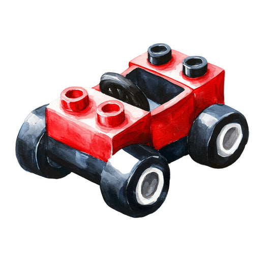 red race car, building blocks, toy car illustration, bright red, black wheels, white wheel centers, children's fabric panel, playful design, toy theme, racing vehicle, block construction, kids room fabric, automobile print, vibrant colors, quilting panel, cotton fabric, nursery decor, transportation theme, childhood toys, craft panel