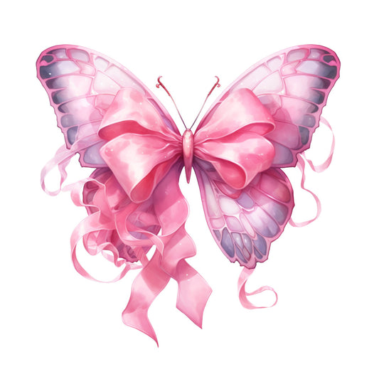 pink butterfly, breast cancer awareness, pink ribbon, watercolor style, delicate wings, soft pastels, mauve accents, flowing ribbons, fabric panel, quilting cotton, awareness theme, gentle artwork, butterfly design, charitable cause, supportive message, craft project, sewing panel, pink tones, graceful illustration, meaningful motif