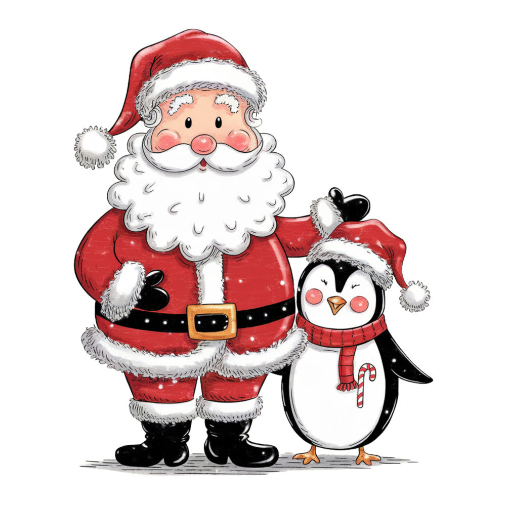 red, white, black, orange, santa claus, penguin, christmas hat, white beard, rosy cheeks, candy cane, winter scarf, holiday characters, festive illustration, cartoon style, cheerful mood, fabric panel, quilting cotton, christmas theme, winter holidays, adorable duo