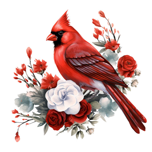 red cardinal, bird illustration, floral design, crimson red, burgundy, white roses, red roses, botanical pattern, fabric panel, quilting cotton, watercolor style, nature theme, songbird, crested bird, rose bouquet, delicate flowers, spring motif, wildlife art, decorative panel, crafting fabric