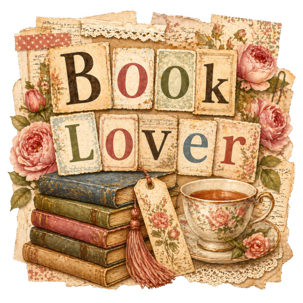 book lover, vintage, floral, roses, pink roses, dusty rose, cream, beige, tan, antique books, tea cup, lace, romantic, cottage core, literary, nostalgic, elegant, traditional, shabby chic, botanical, peonies, blossoms, stacked books, bookmark, tea party, garden, spring, classic literature, heritage, timeless