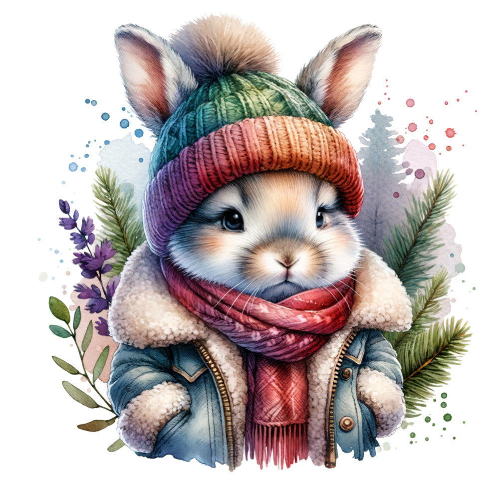 watercolor rabbit, winter clothing, knit beanie, colorful scarf, sherpa jacket, forest animal, baby bunny, teal green, coral orange, purple accents, evergreen branches, fabric panel, quilting cotton, woodland creature, winter theme, soft pastels, whimsical illustration, cozy clothing, nature motifs, children's fabric