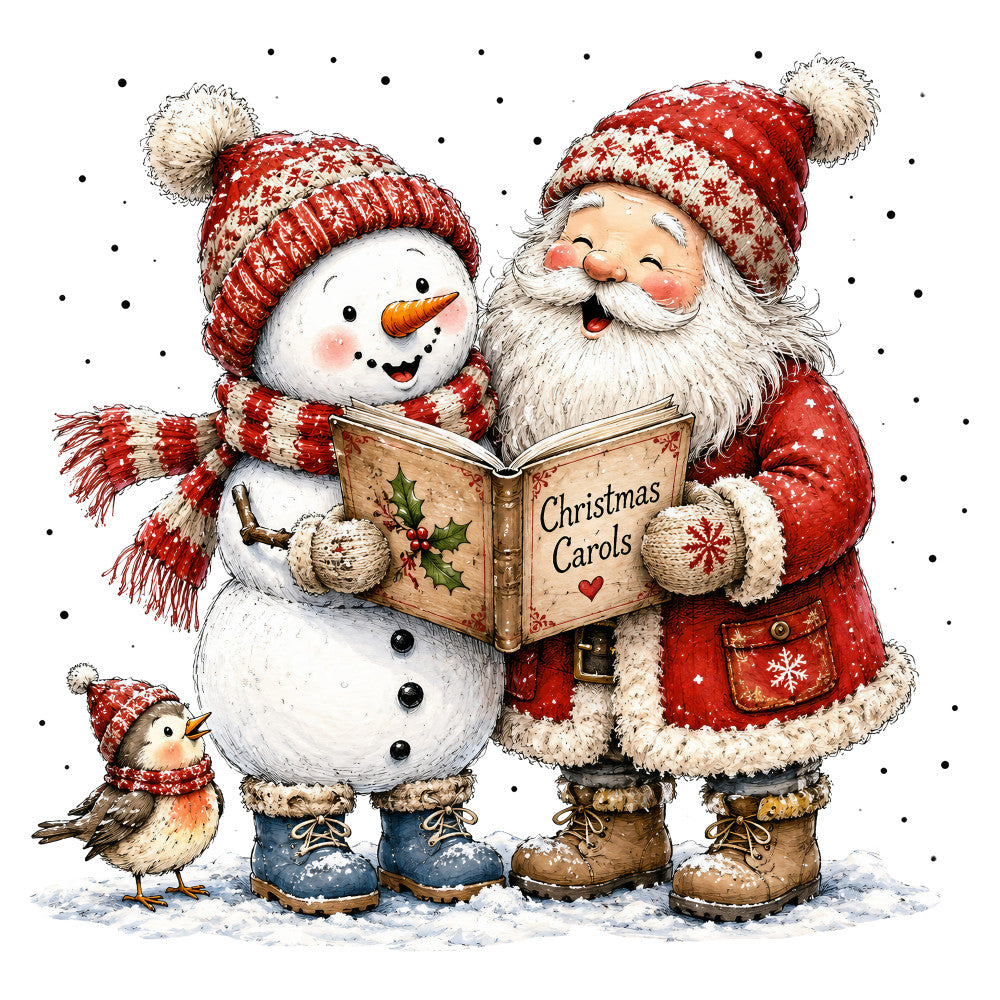 christmas, holiday, santa, snowman, red and white, cream, festive, whimsical, vintage, nostalgic, winter, snow, carol singing, traditional, heart motif, robin bird, snowflake pattern, cozy, cheerful, children's, storybook, illustration, classic christmas, red hat, winter clothing, boots, sweet, jolly, seasonal