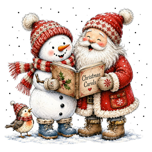 christmas, holiday, santa, snowman, red and white, cream, festive, whimsical, vintage, nostalgic, winter, snow, carol singing, traditional, heart motif, robin bird, snowflake pattern, cozy, cheerful, children's, storybook, illustration, classic christmas, red hat, winter clothing, boots, sweet, jolly, seasonal