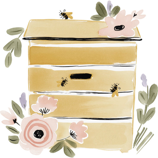 cream, soft yellow, dusty rose, blush pink, sage green, pale lavender, floral, nature, botanical, whimsical, modern, bee, bees, flowers, simple blooms, minimalist, spring, summer, cottage core, farmhouse, garden, hand drawn, watercolor, organic, sweet, delicate, layered petals, striped flowers, leaves, greenery