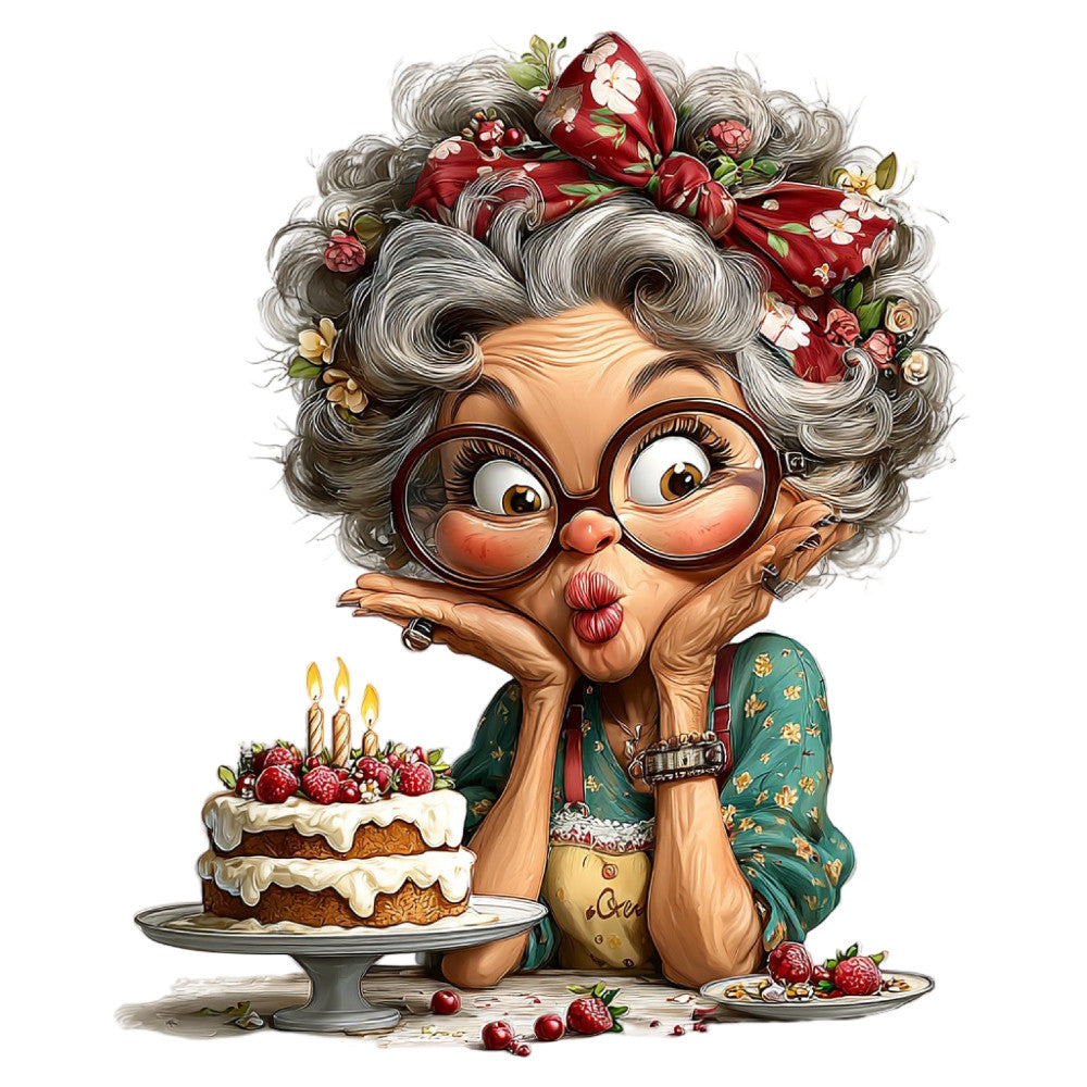 grandma, vintage, whimsical, portrait, humorous, birthday cake, floral, red flowers, green dress, gray hair, glasses, elderly woman, character, playful, charming, festive, celebration, decorative panel, novelty print, folk art, retro, feminine, colorful, fun, quirky, illustration style, classic beauty, timeless, gift themed